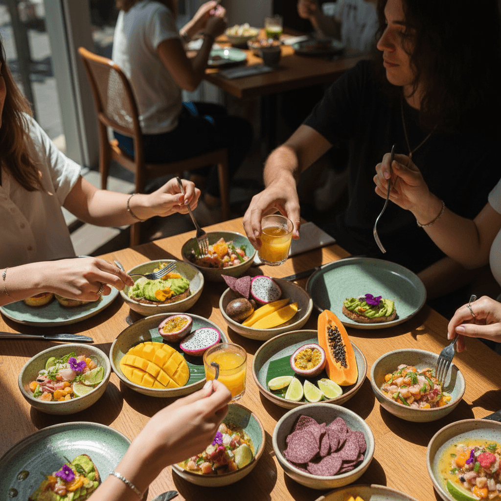 Overhead view of shared appetizer plates with multiple diners enjoying fresh tropical cuisine