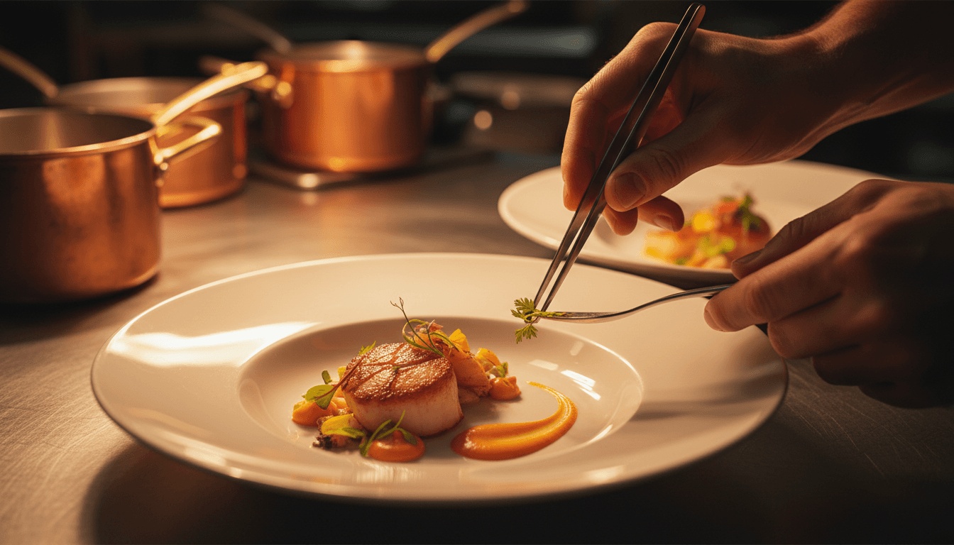 Chef plating an elegant fine dining dish with precision under warm candlelight