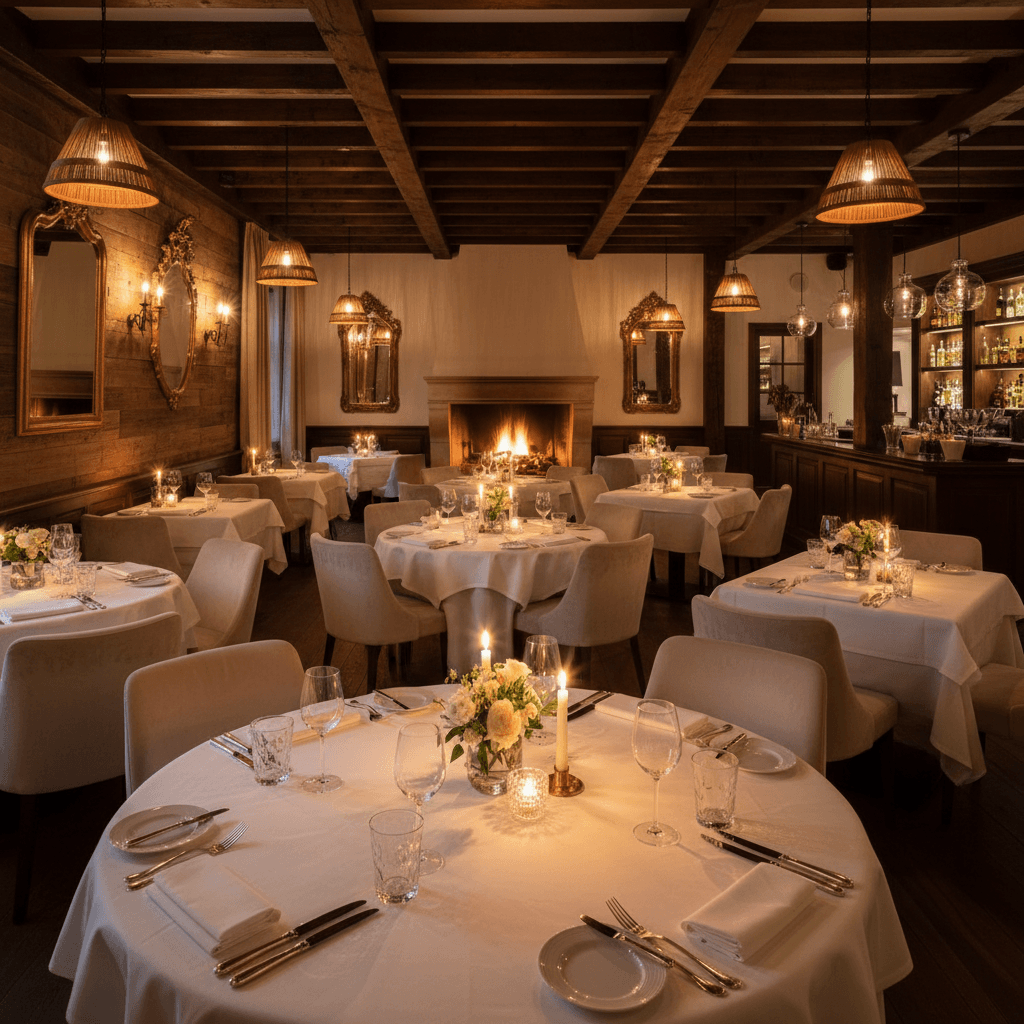 Elegant dining room with candlelit tables and refined table settings