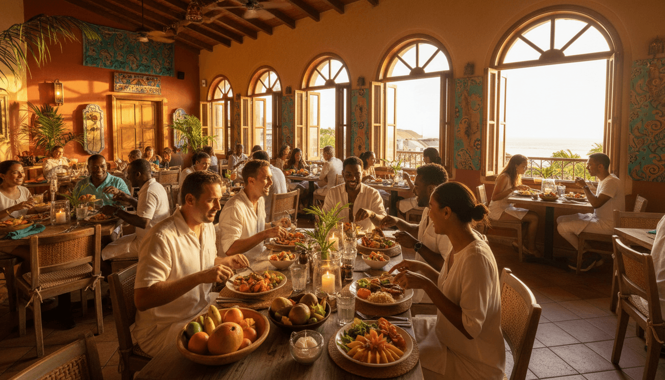 A vibrant, warm-toned lifestyle aesthetic wide shot of a lively restaurant interior in St. Kitts