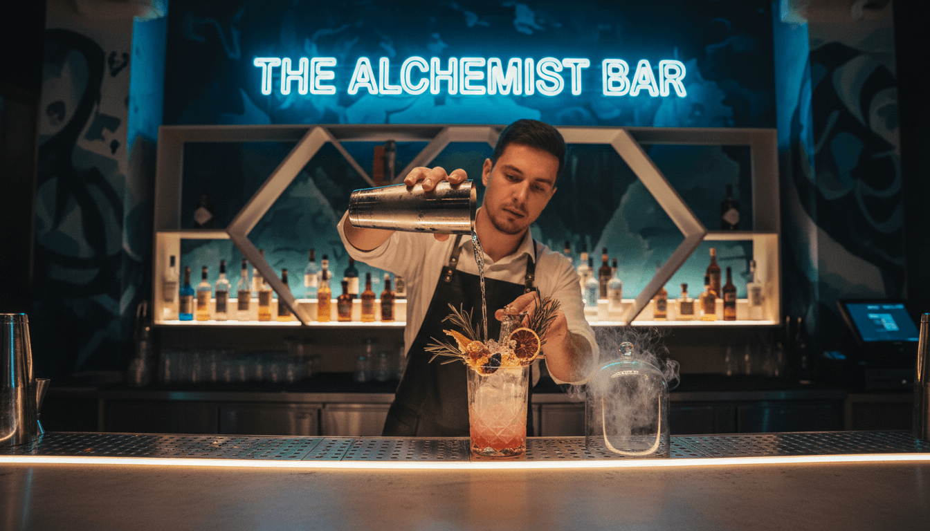 Bartender preparing a colorful cocktail at a modern bar