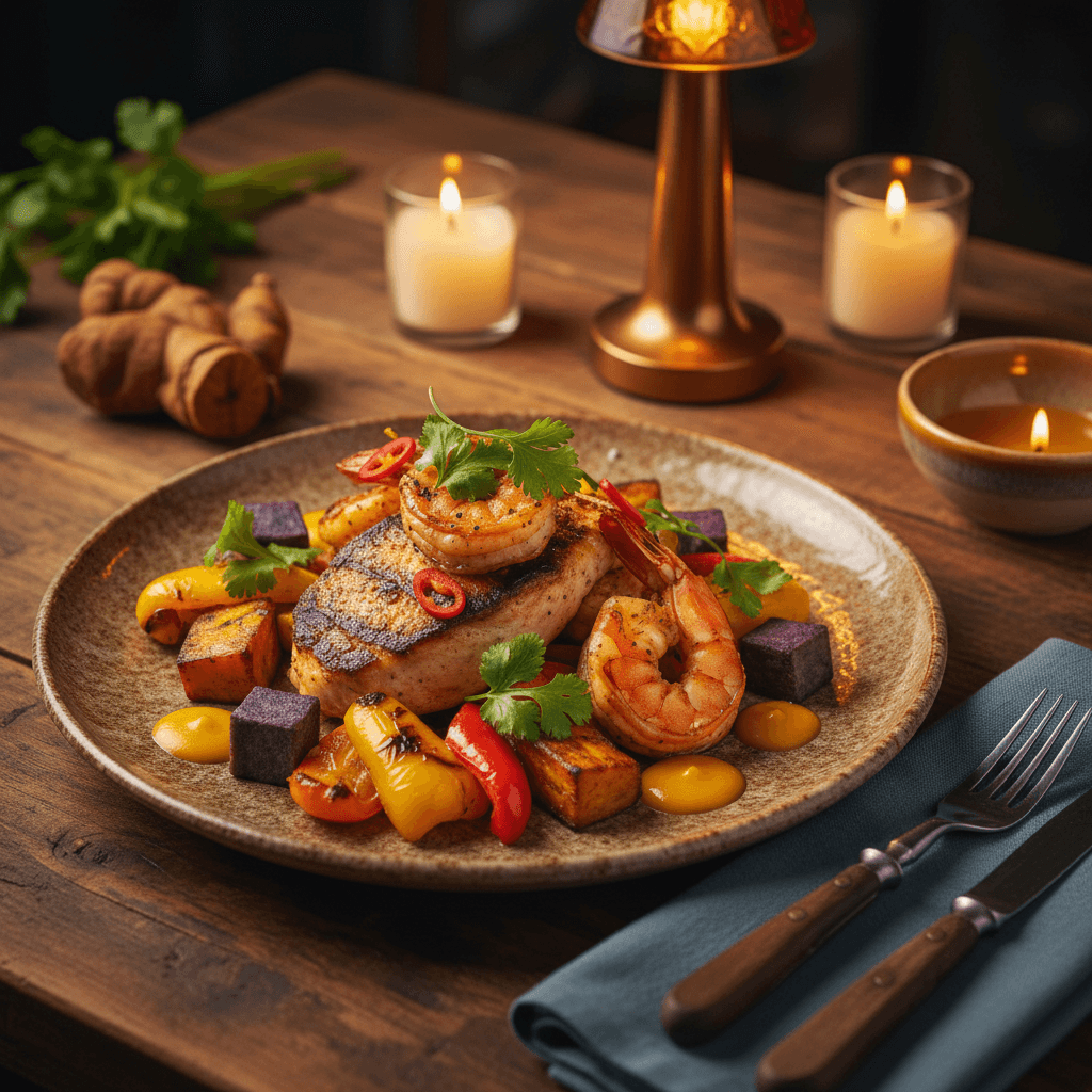 Elegantly plated Caribbean seafood dish with fresh herbs and vibrant garnish