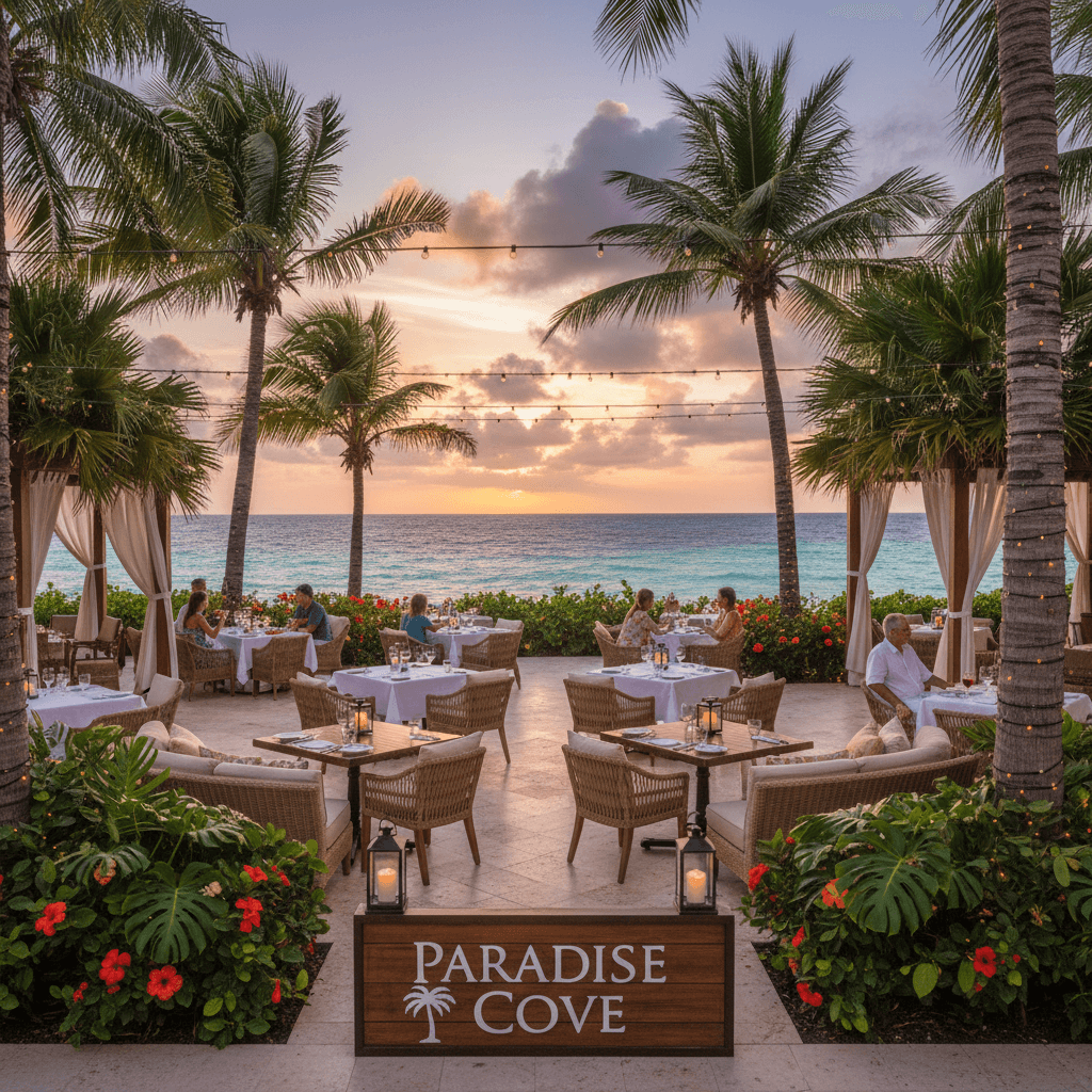 Outdoor patio dining with tropical views