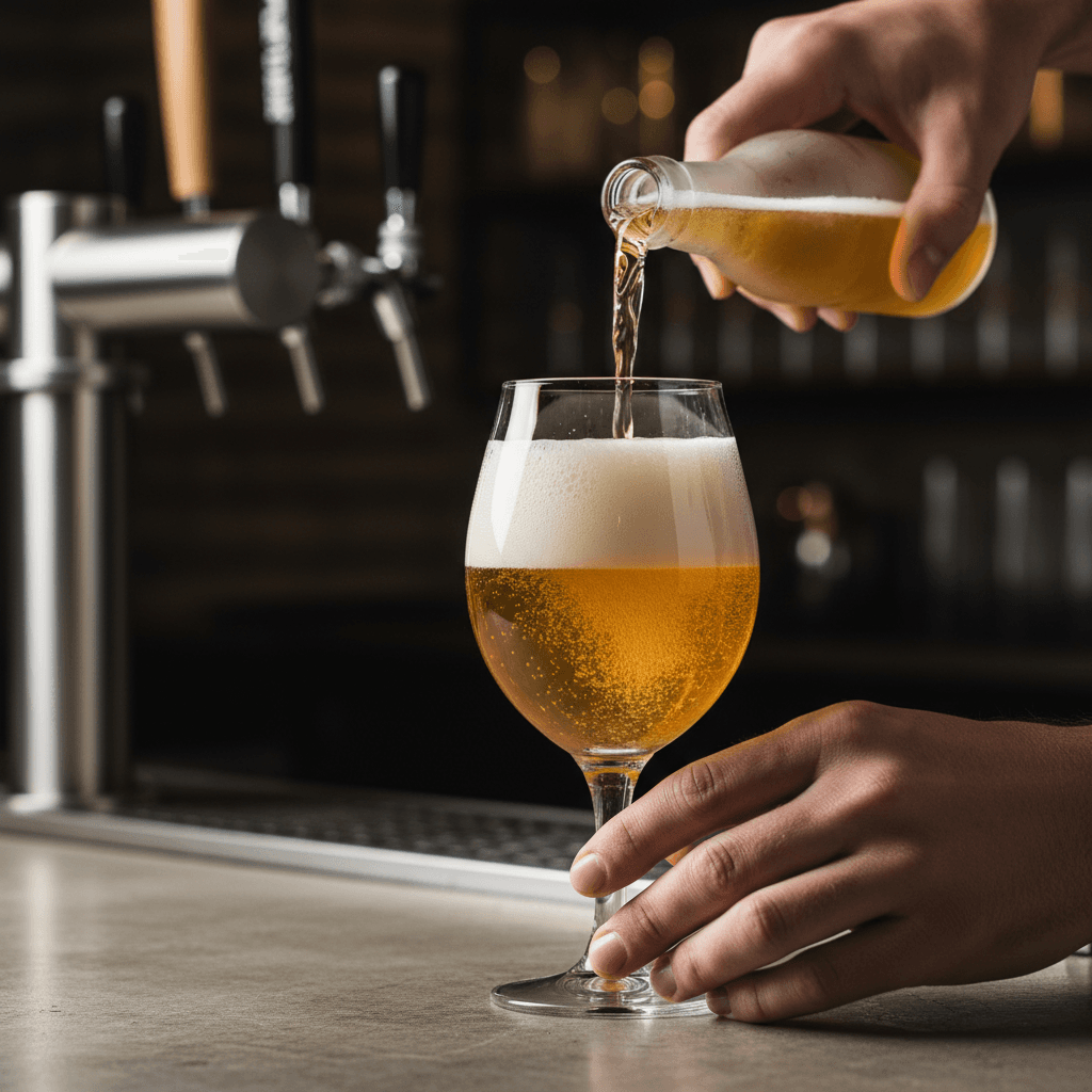 Craft beer being expertly poured into a specialty glass with visible foam head