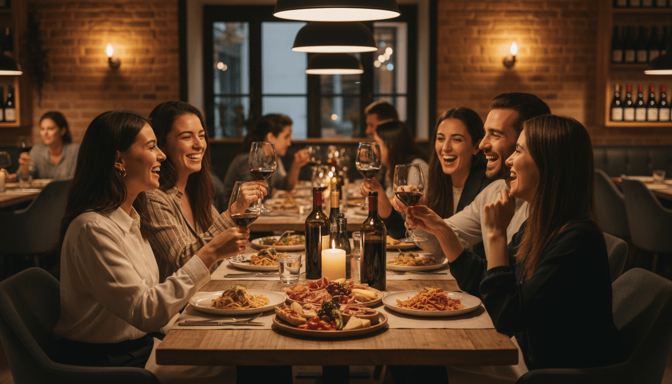 Friends gathering around a dinner table at a restaurant, sharing a meal and conversation in warm ambient lighting