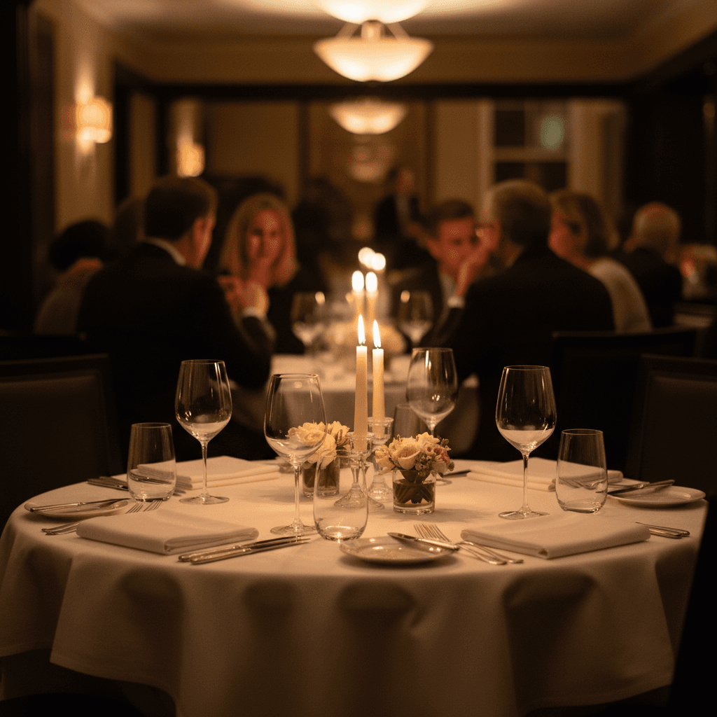 Fine dining restaurant interior with elegant table settings and intimate candlelit ambiance