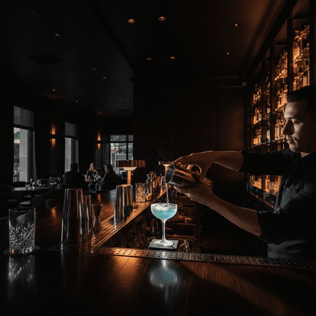 Craft cocktail bar with bartender preparing a signature drink under moody lighting
