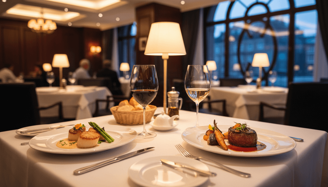 Elegant restaurant table setting with gourmet plated dishes and wine service