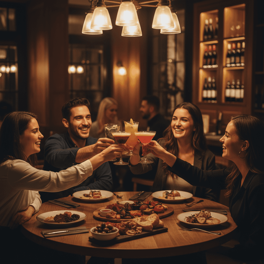 Friends celebrating with drinks and food