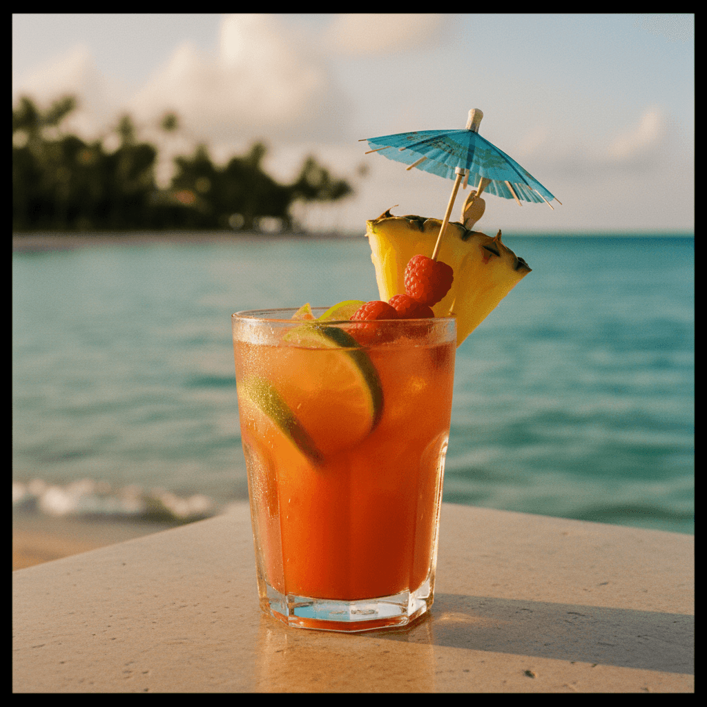 Tropical cocktail with fresh fruit garnish and ocean backdrop in warm golden light