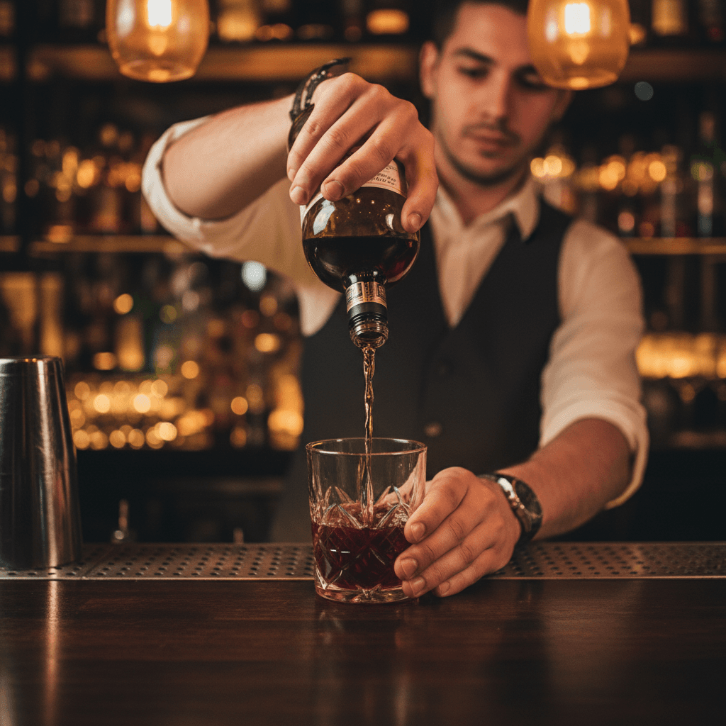 Skilled bartender crafting a signature cocktail with precision