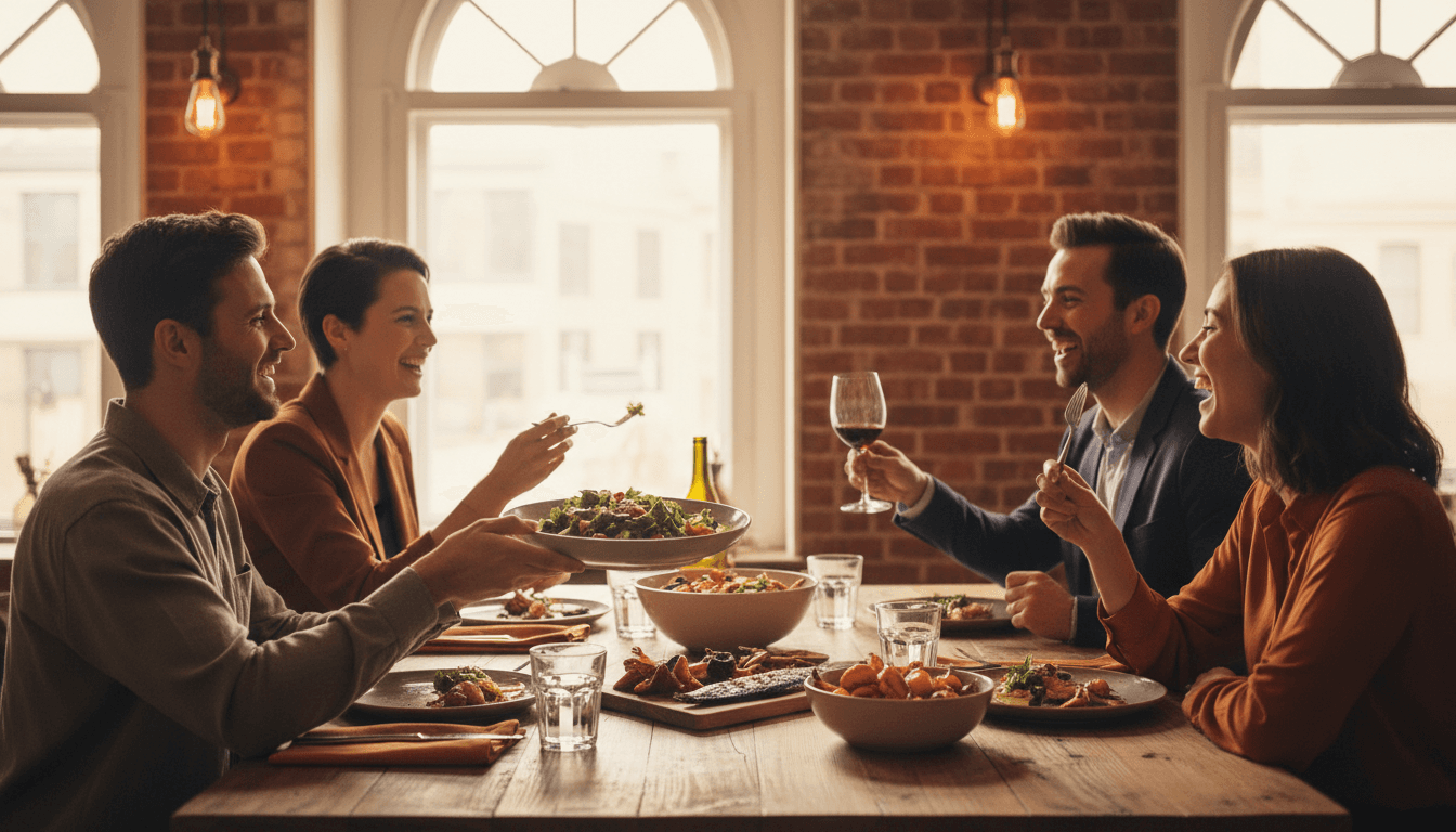 Group of friends enjoying a meal together at a restaurant in St. Kitts and Nevis, celebrating with drinks and conversation