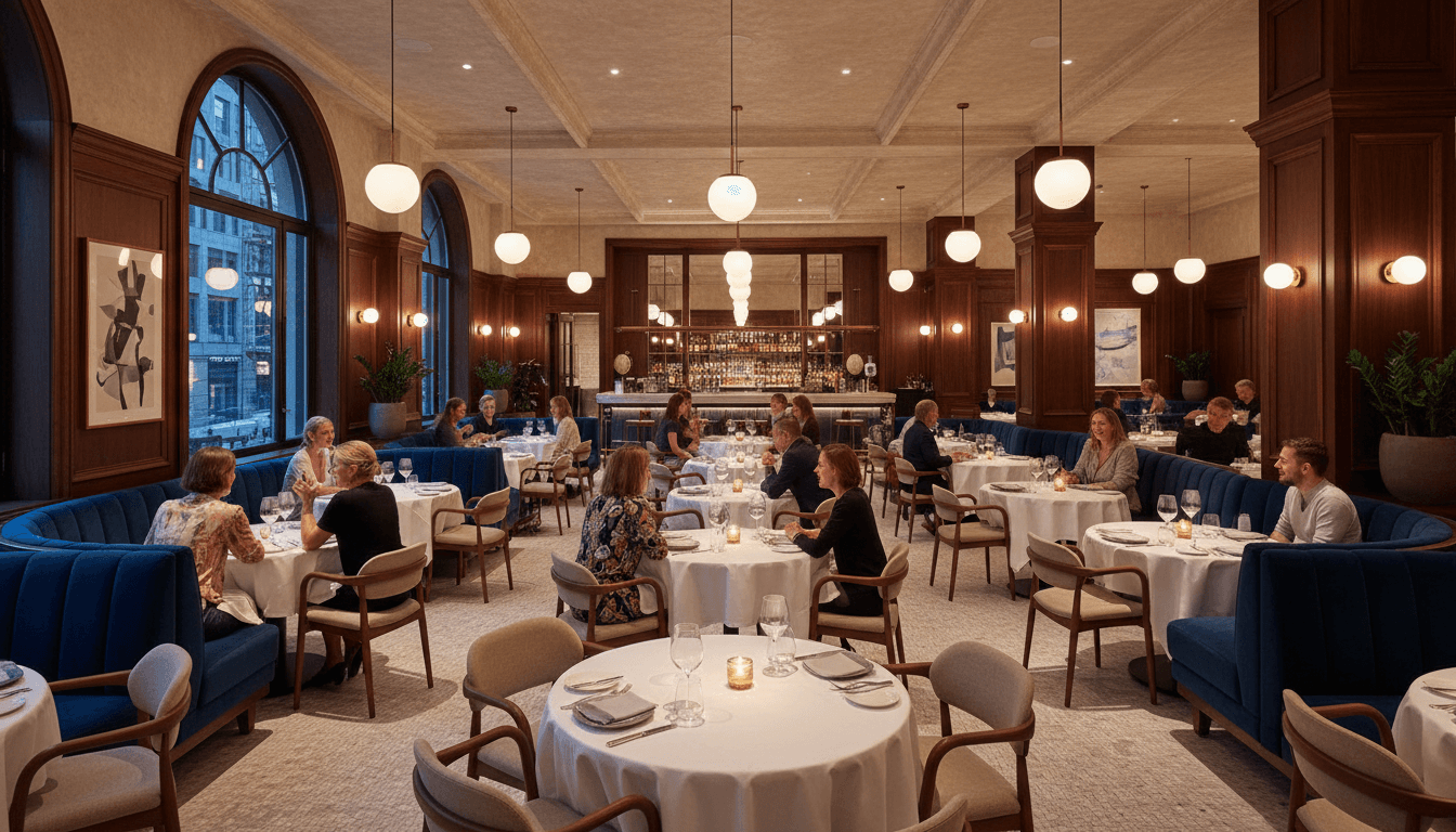 Professional restaurant interior with warm lighting and happy customers
